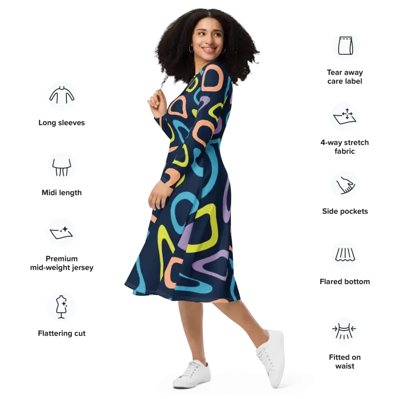 Abstract Colorful Irregular Print Long Sleeve Dress