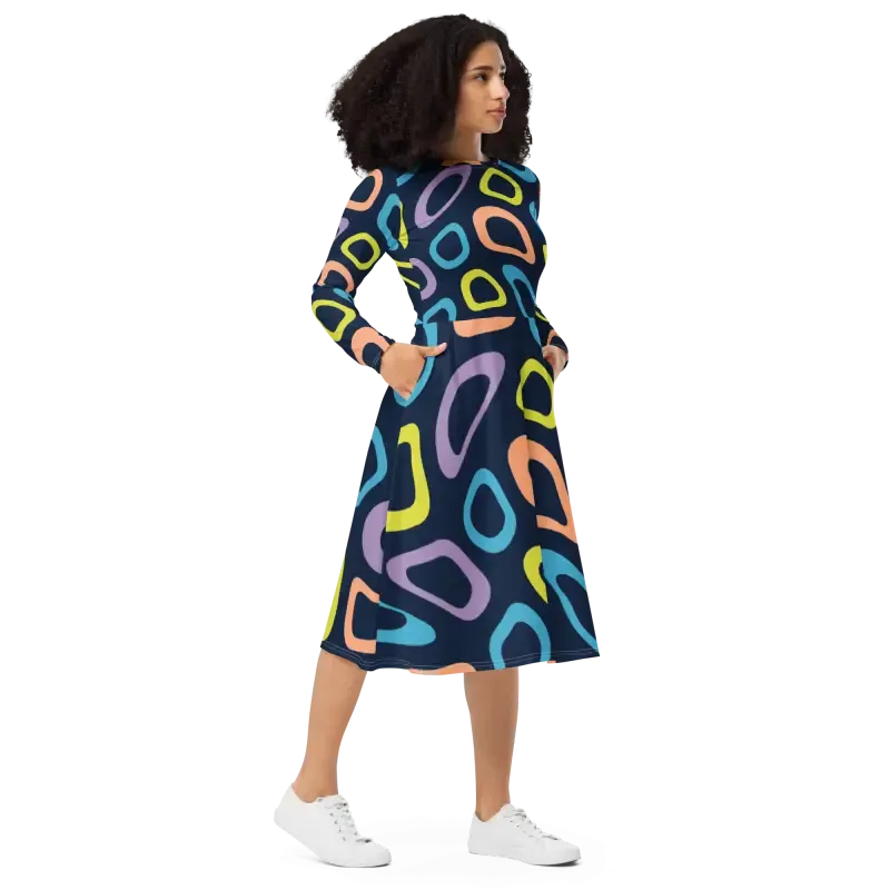 Abstract Colorful Irregular Print Long Sleeve Dress