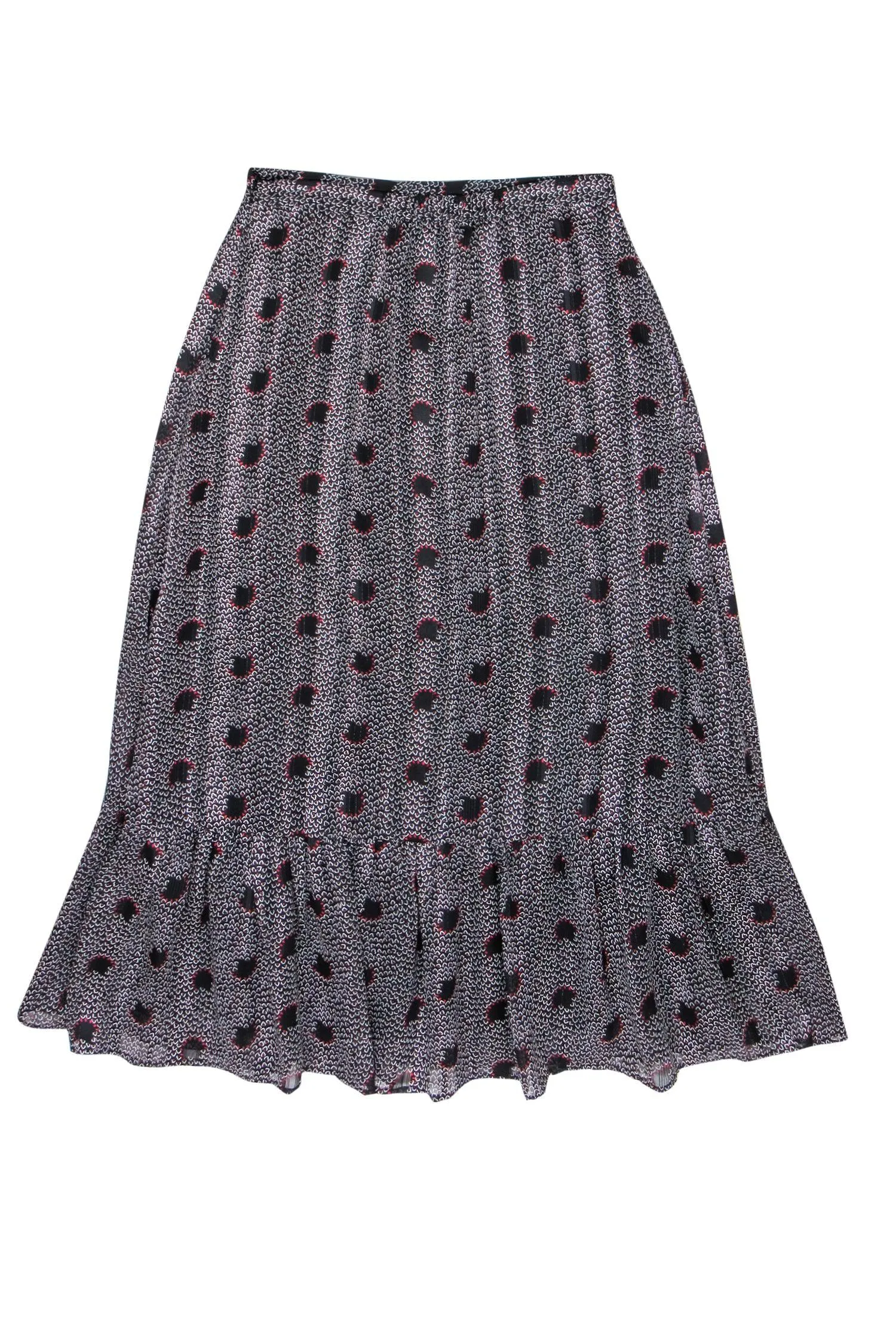 Ba&sh - Black & Red Printed Metallic Midi Skirt w/ Flounce Hem Sz 4
