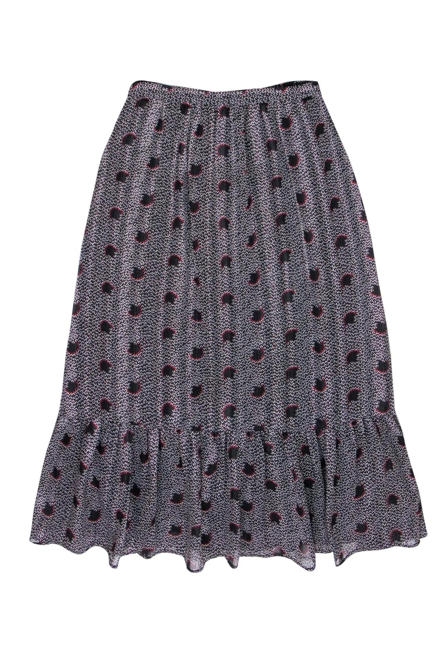 Ba&sh - Black & Red Printed Metallic Midi Skirt w/ Flounce Hem Sz 4