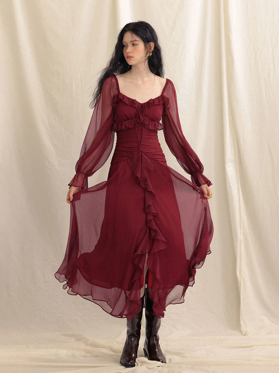 Cherry red ruffle long dress