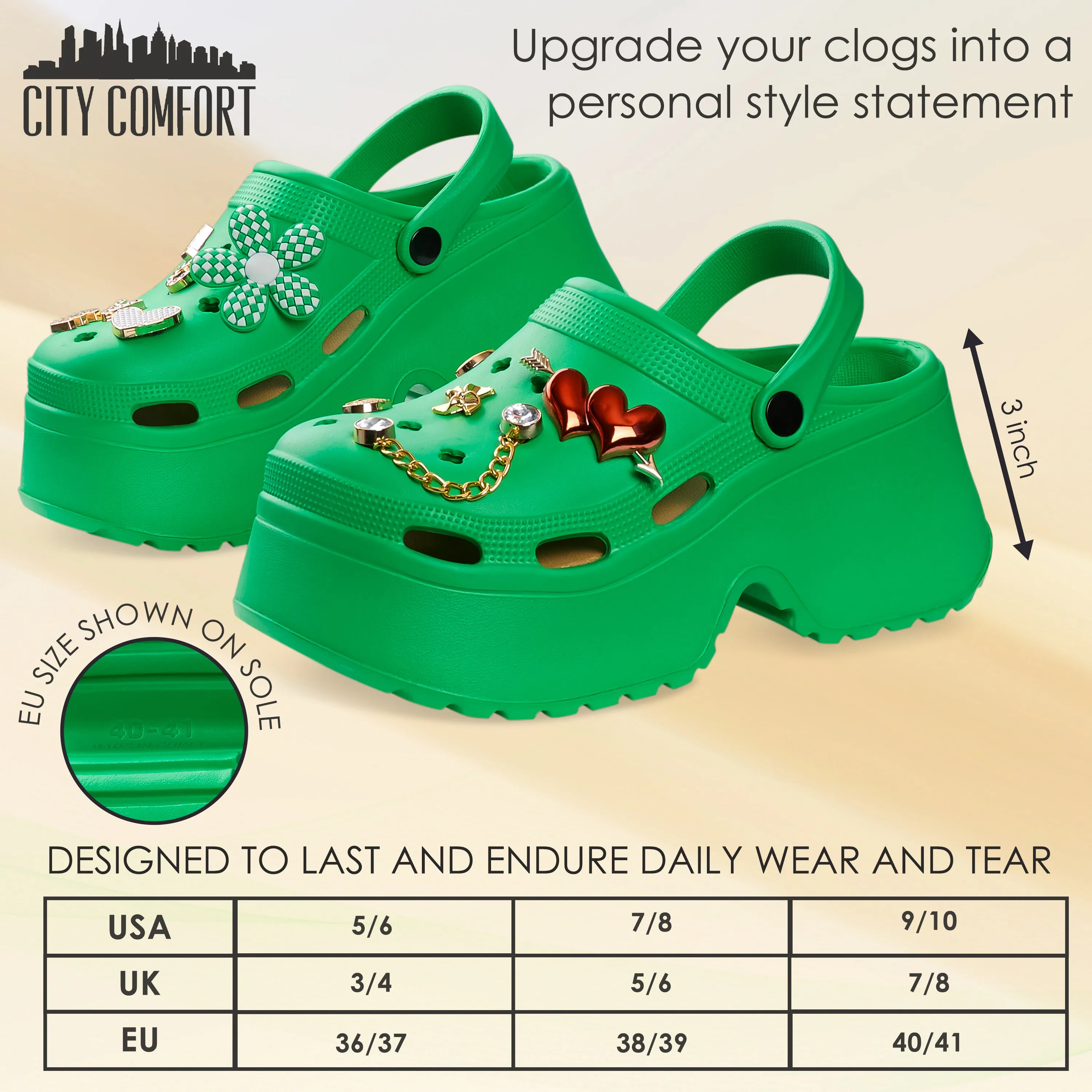 CityComfort Womens Platform Heeled Clogs with Removable Charms