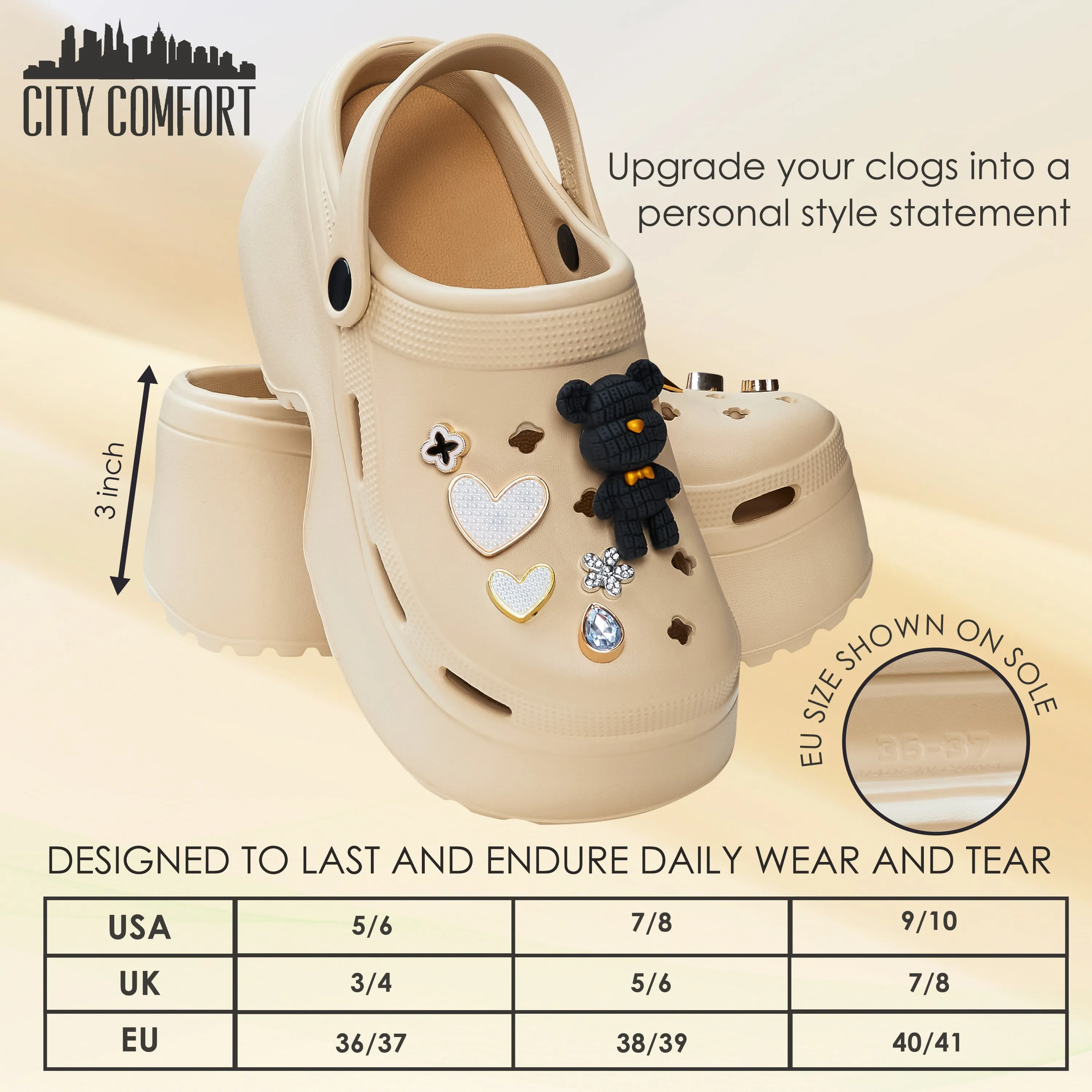 CityComfort Womens Platform Heeled Clogs with Removable Charms