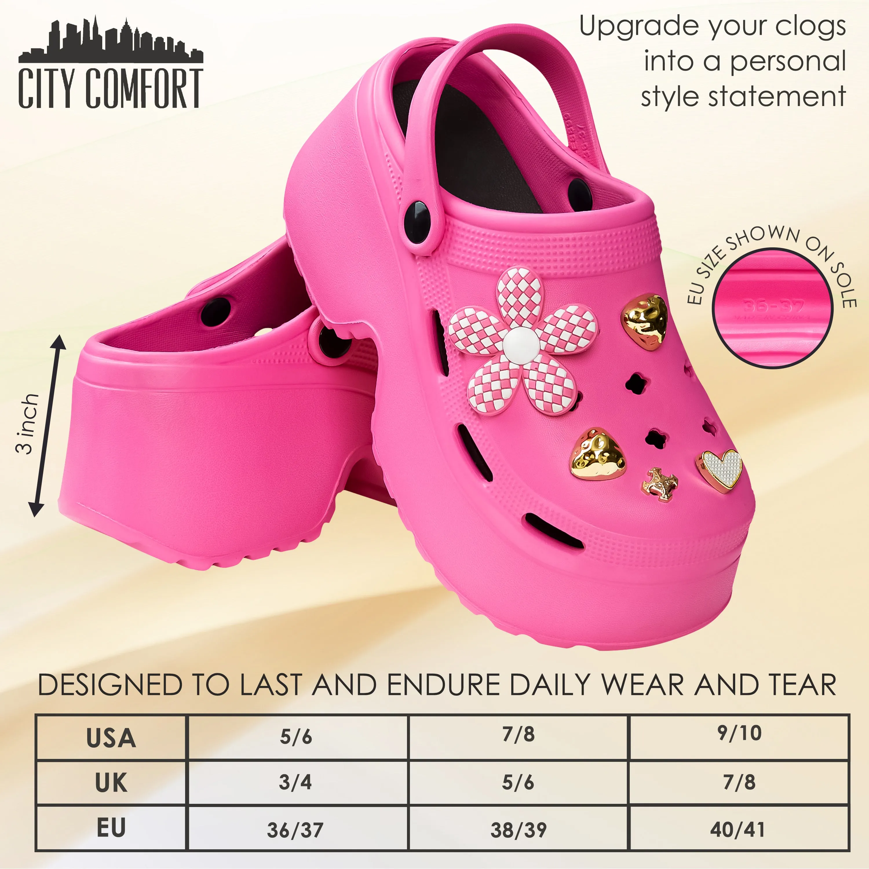CityComfort Womens Platform Heeled Clogs with Removable Charms