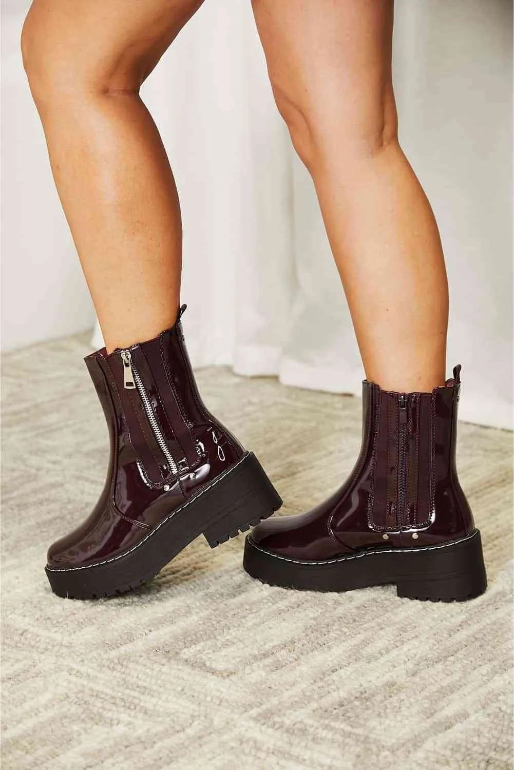 Forever Link Side Zipper Shiny Faux Patent Wine Burgundy Platform Chunky Thick Sole Ankle Moto Boots
