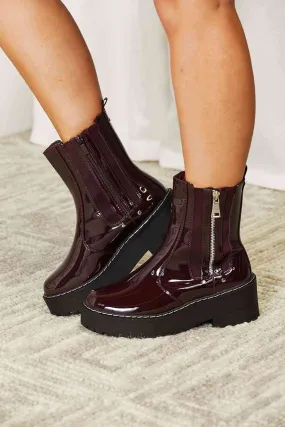 Forever Link Side Zipper Shiny Faux Patent Wine Burgundy Platform Chunky Thick Sole Ankle Moto Boots