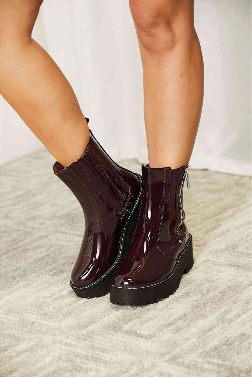 Forever Link Side Zipper Shiny Faux Patent Wine Burgundy Platform Chunky Thick Sole Ankle Moto Boots