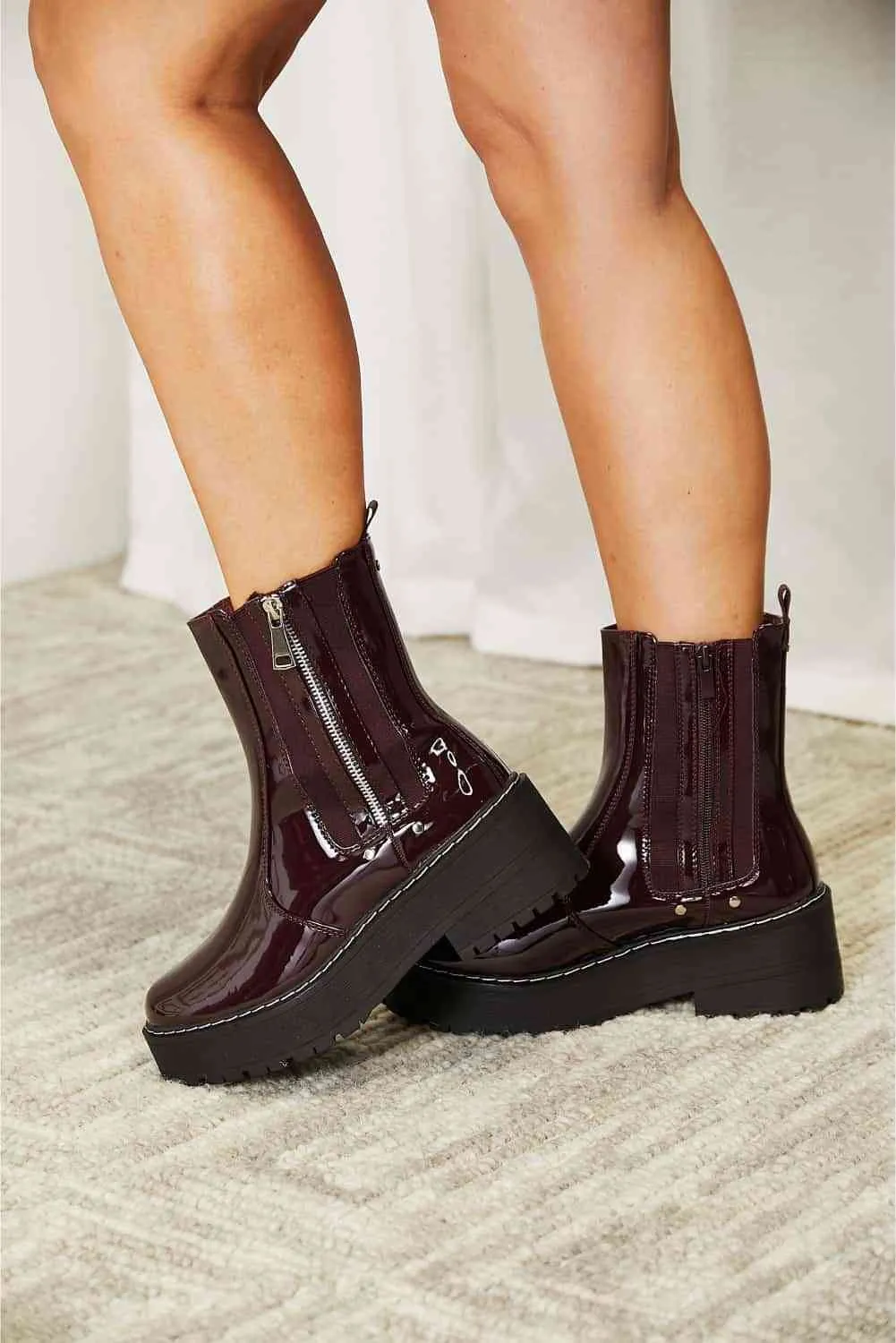 Forever Link Side Zipper Shiny Faux Patent Wine Burgundy Platform Chunky Thick Sole Ankle Moto Boots