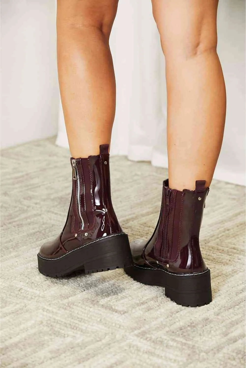 Forever Link Side Zipper Shiny Faux Patent Wine Burgundy Platform Chunky Thick Sole Ankle Moto Boots