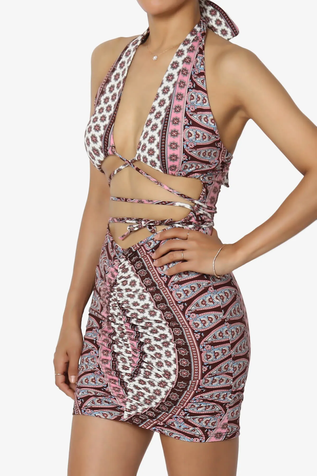 Fortunate Printed Halter Cut Out Bodycon Mini Dress
