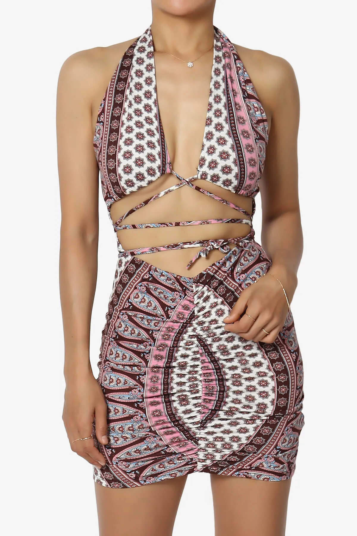 Fortunate Printed Halter Cut Out Bodycon Mini Dress
