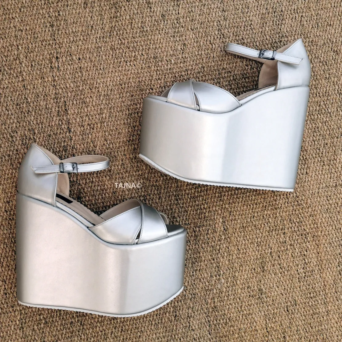 Grey Cross Strap Wedge Shoes
