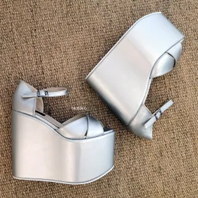 Grey Cross Strap Wedge Shoes