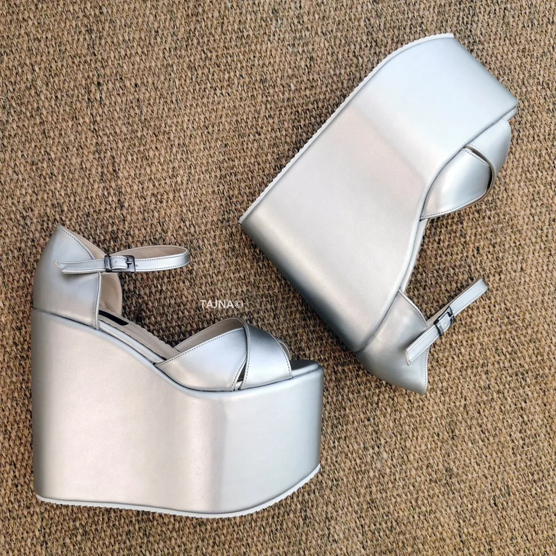 Grey Cross Strap Wedge Shoes