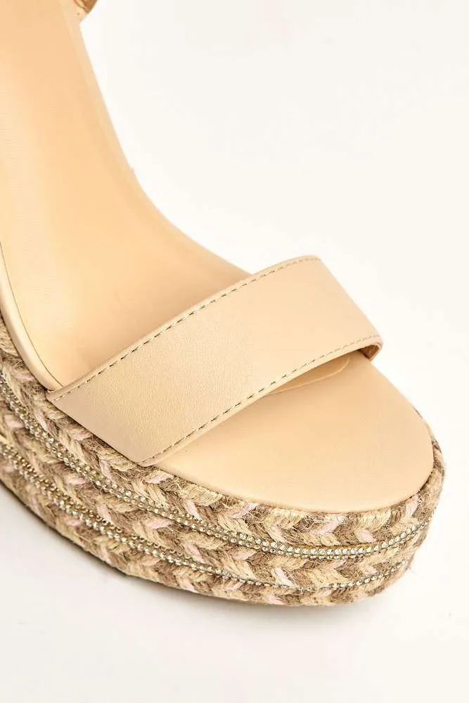 Imani Diamante Detailed Anklestrap Wedges in Nude
