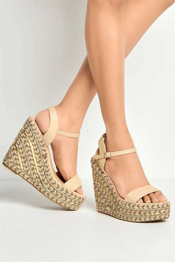 Imani Diamante Detailed Anklestrap Wedges in Nude