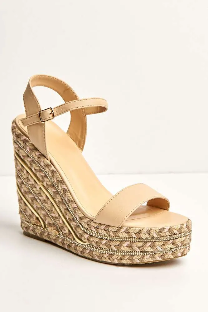 Imani Diamante Detailed Anklestrap Wedges in Nude