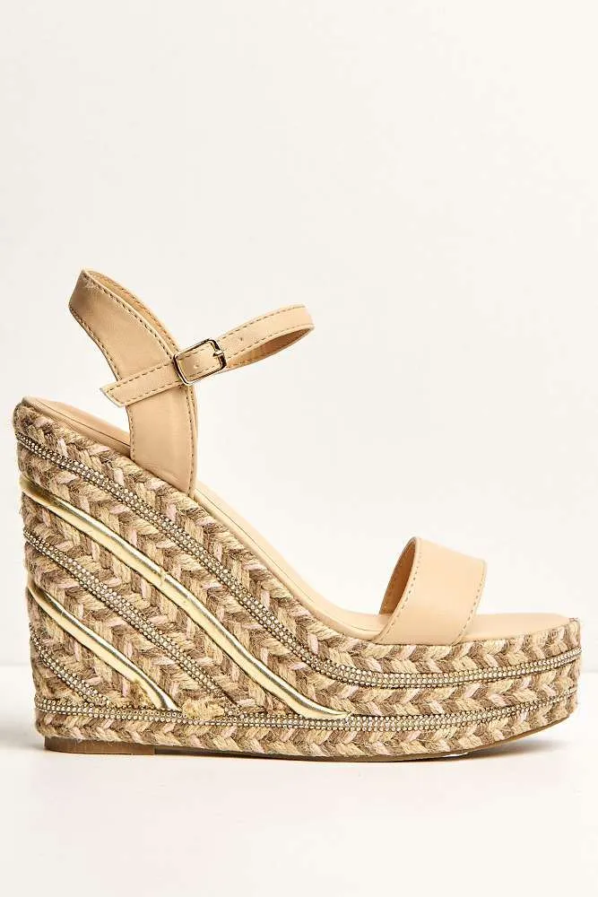 Imani Diamante Detailed Anklestrap Wedges in Nude