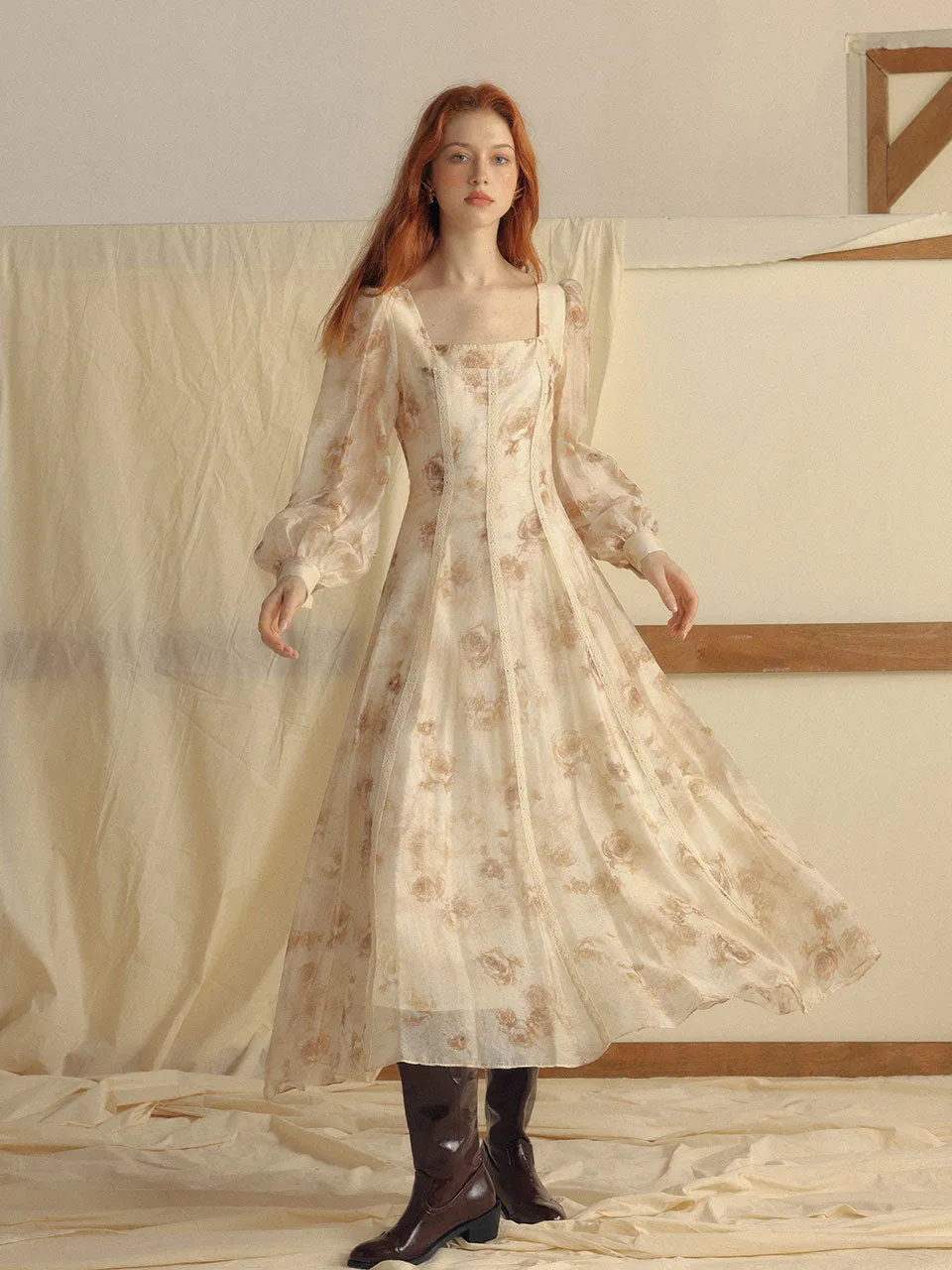 Marron square neck long dress