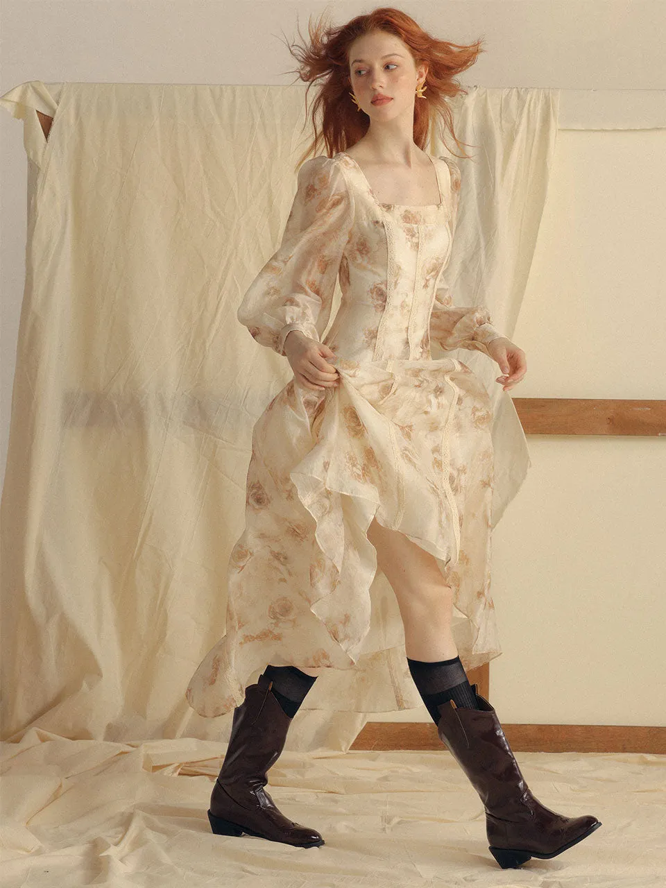 Marron square neck long dress
