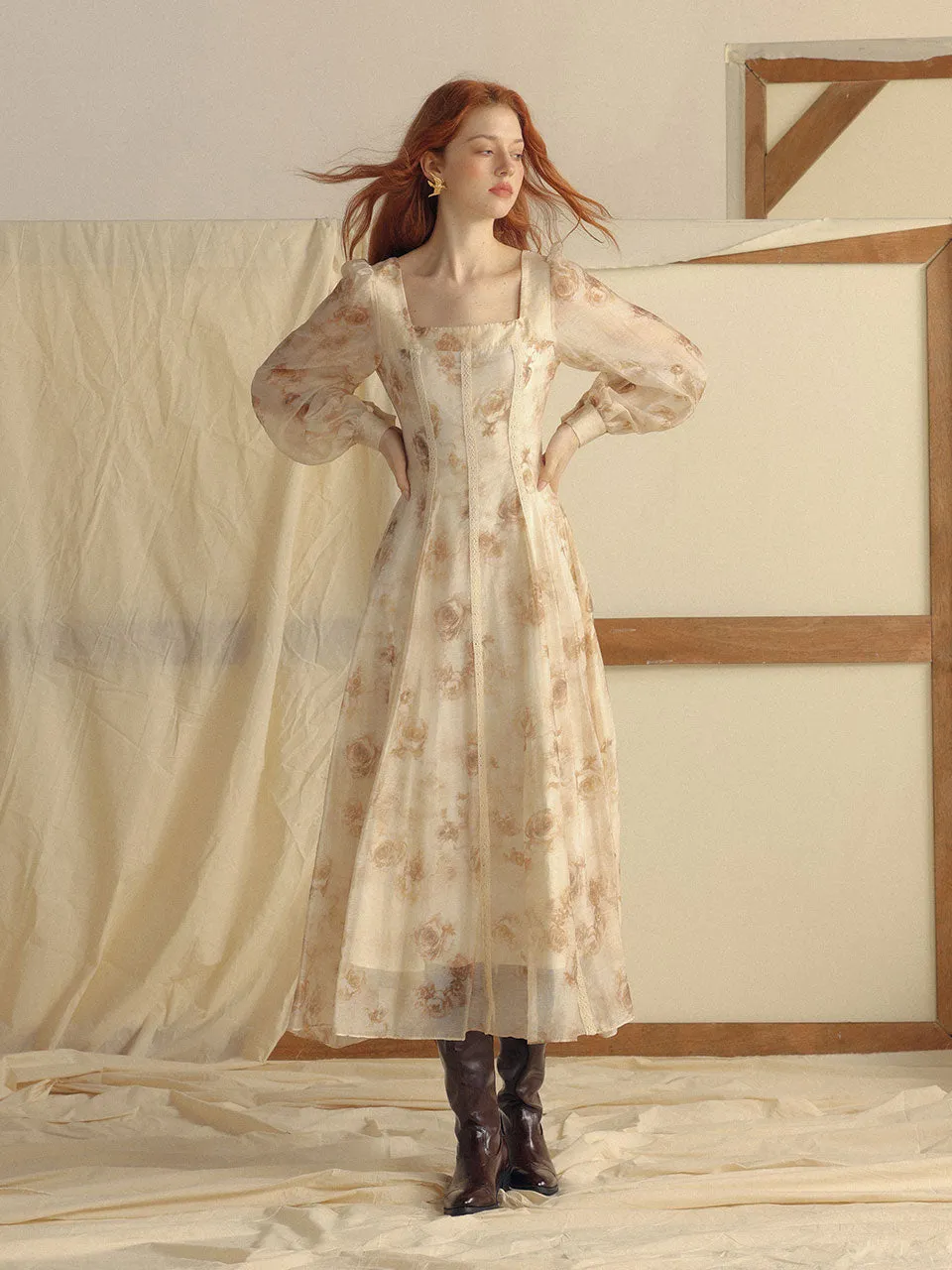 Marron square neck long dress