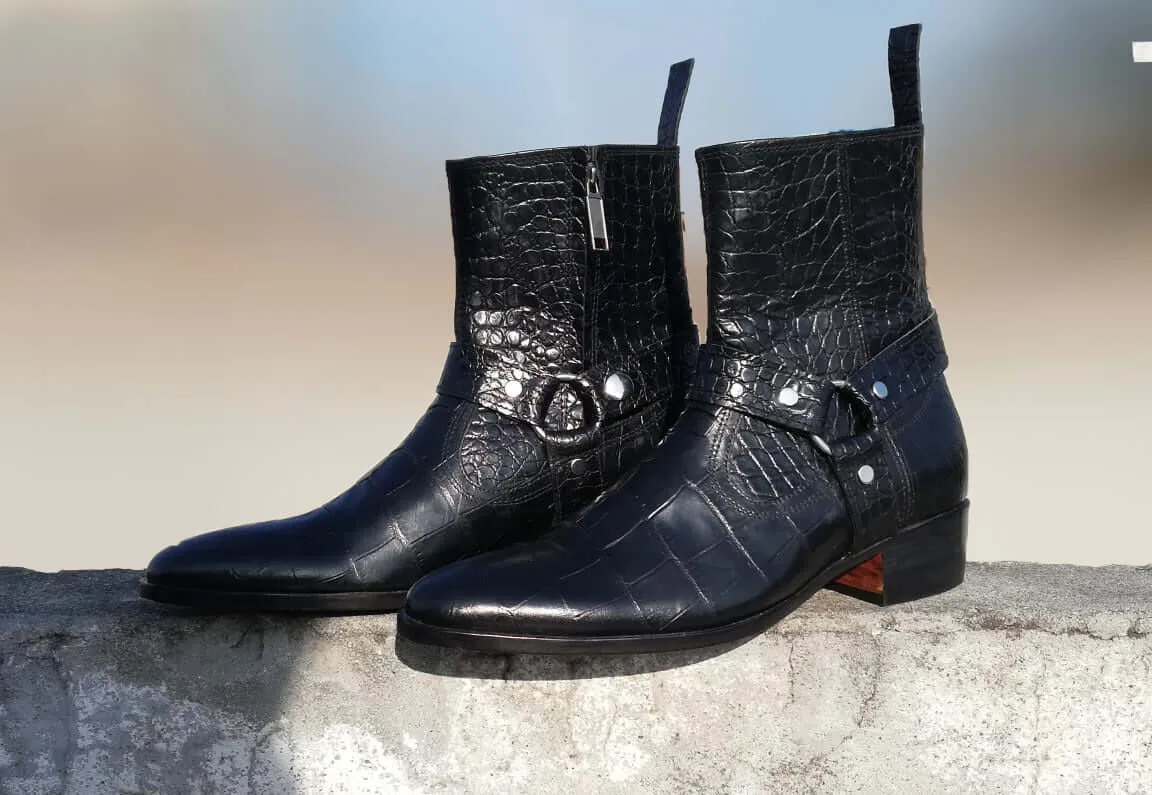 Men’s Ankle High Buckle Boots, Black Color Alligator Texture Leather Side Zipper Stylish