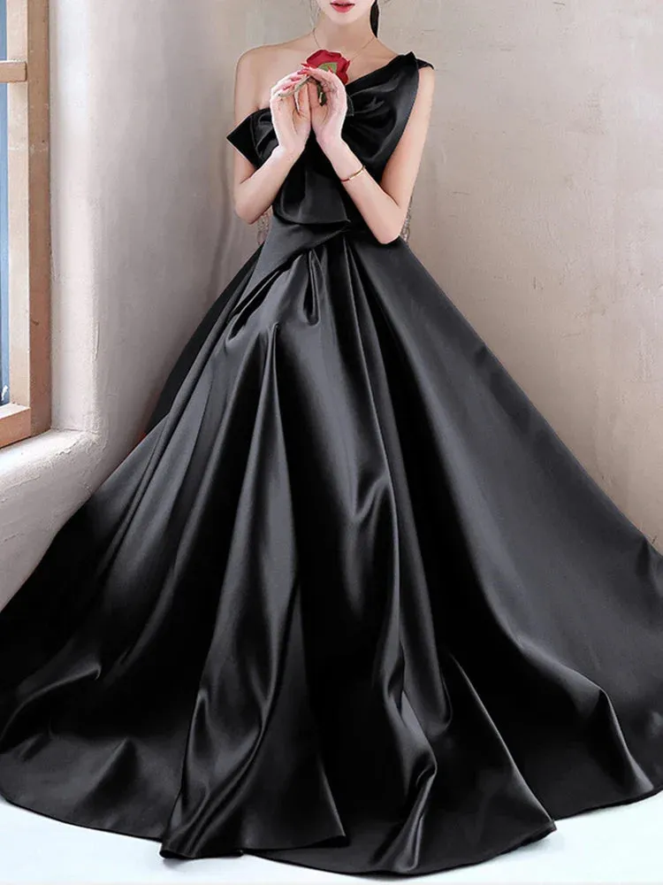 Metaversmall Elegant Patchwork Bowknot Evening Dresses For Women Strapless Sleeveless Backless High Waist Temperament Long Dress Female