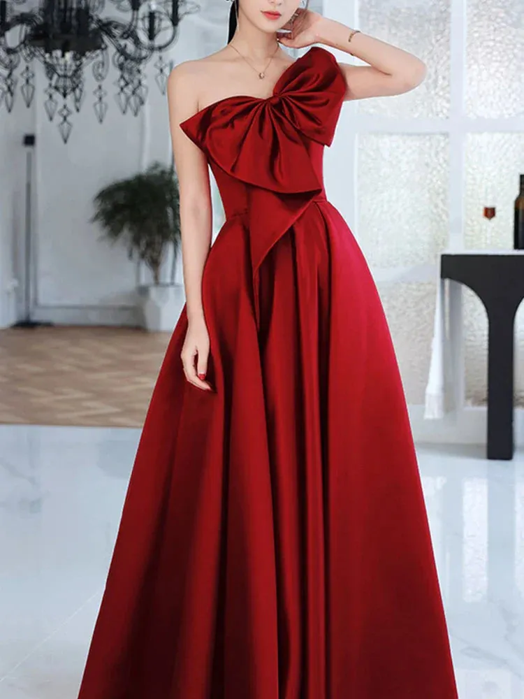 Metaversmall Elegant Patchwork Bowknot Evening Dresses For Women Strapless Sleeveless Backless High Waist Temperament Long Dress Female