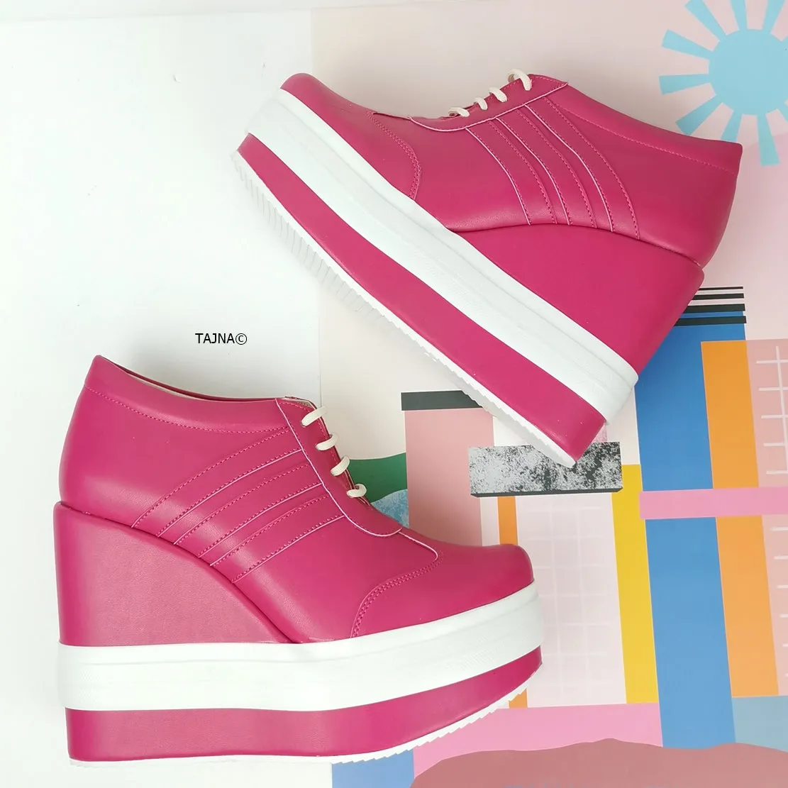 Pink Magenta Lace Up Sport Platform Wedges