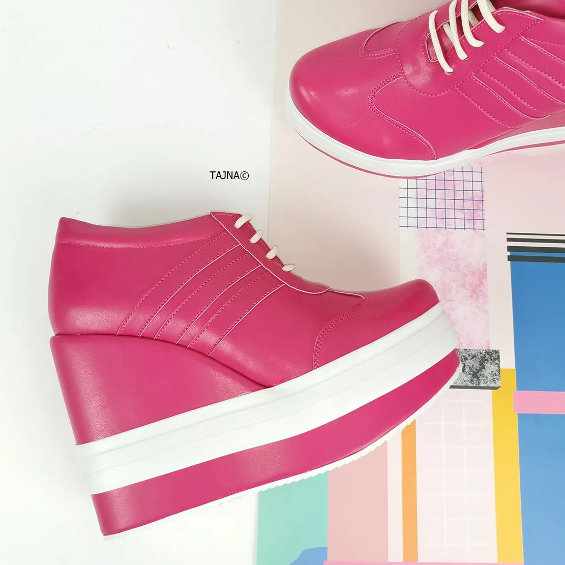 Pink Magenta Lace Up Sport Platform Wedges