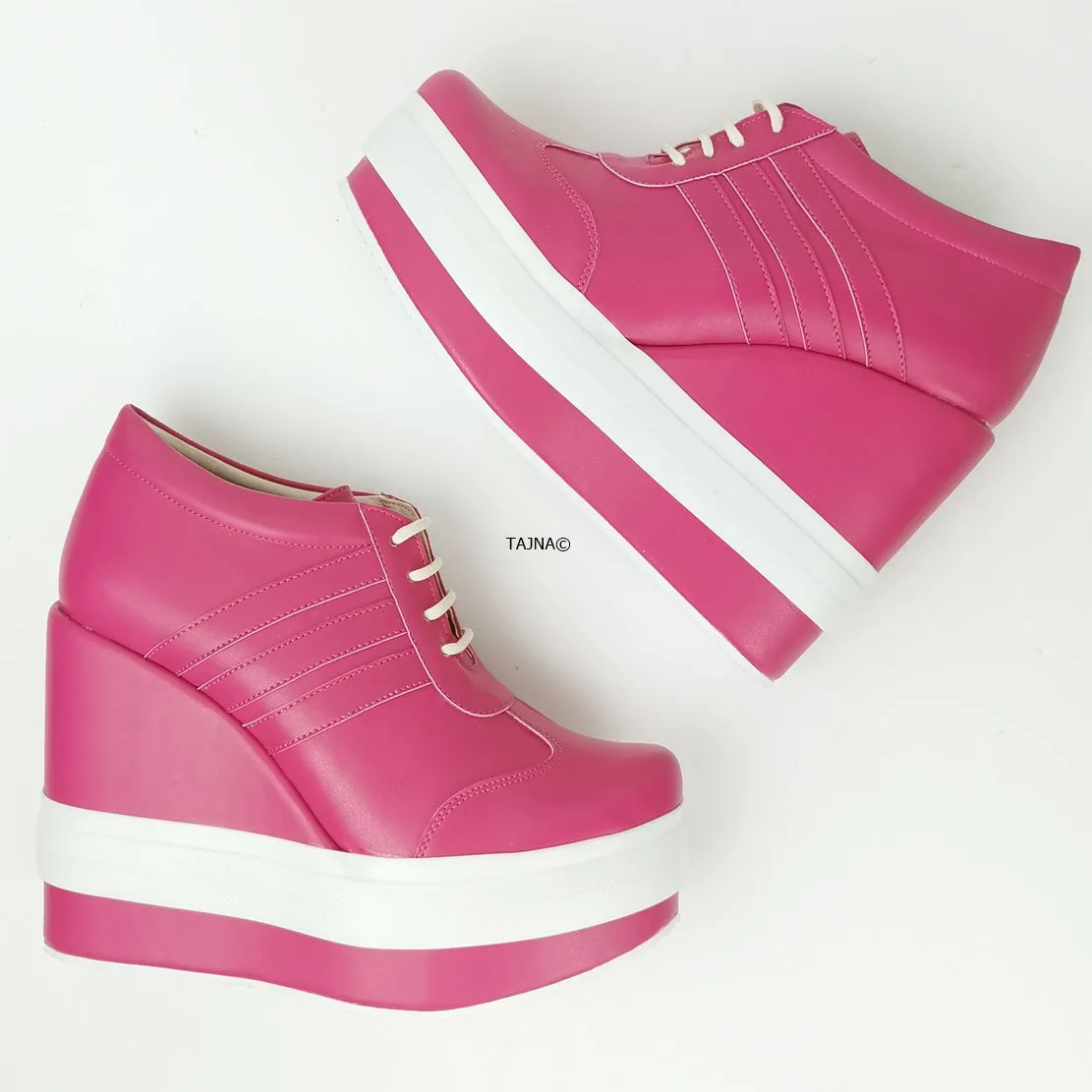 Pink Magenta Lace Up Sport Platform Wedges