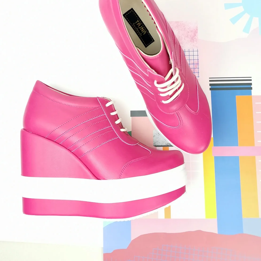 Pink Magenta Lace Up Sport Platform Wedges