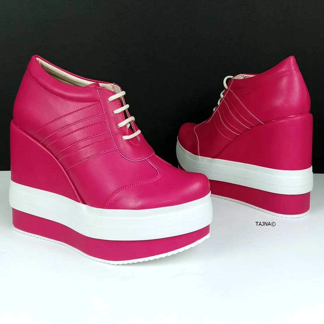 Pink Magenta Lace Up Sport Platform Wedges