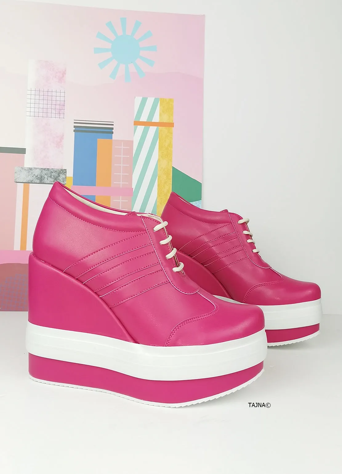 Pink Magenta Lace Up Sport Platform Wedges
