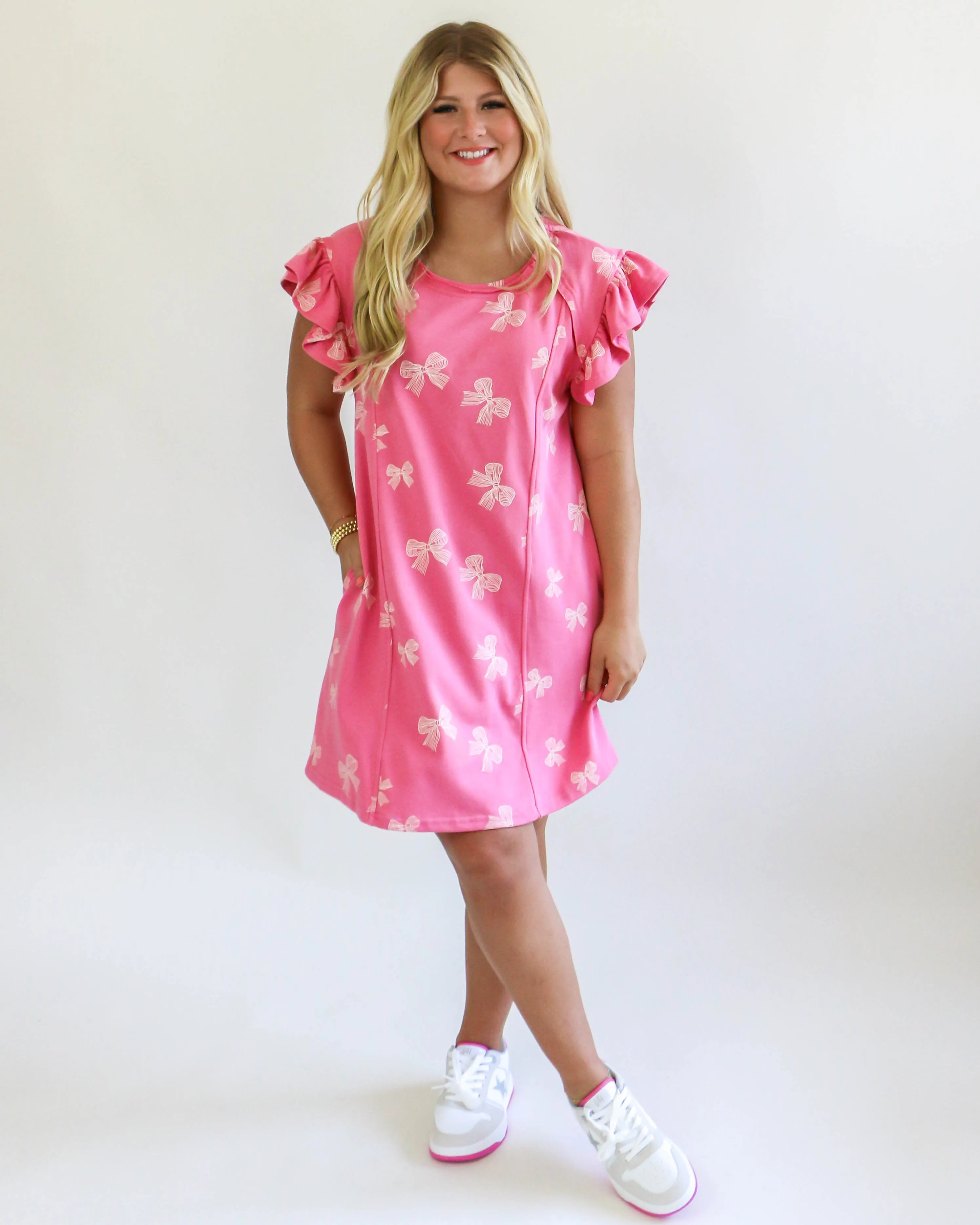 Pink Ruffled Bow Mini Dress
