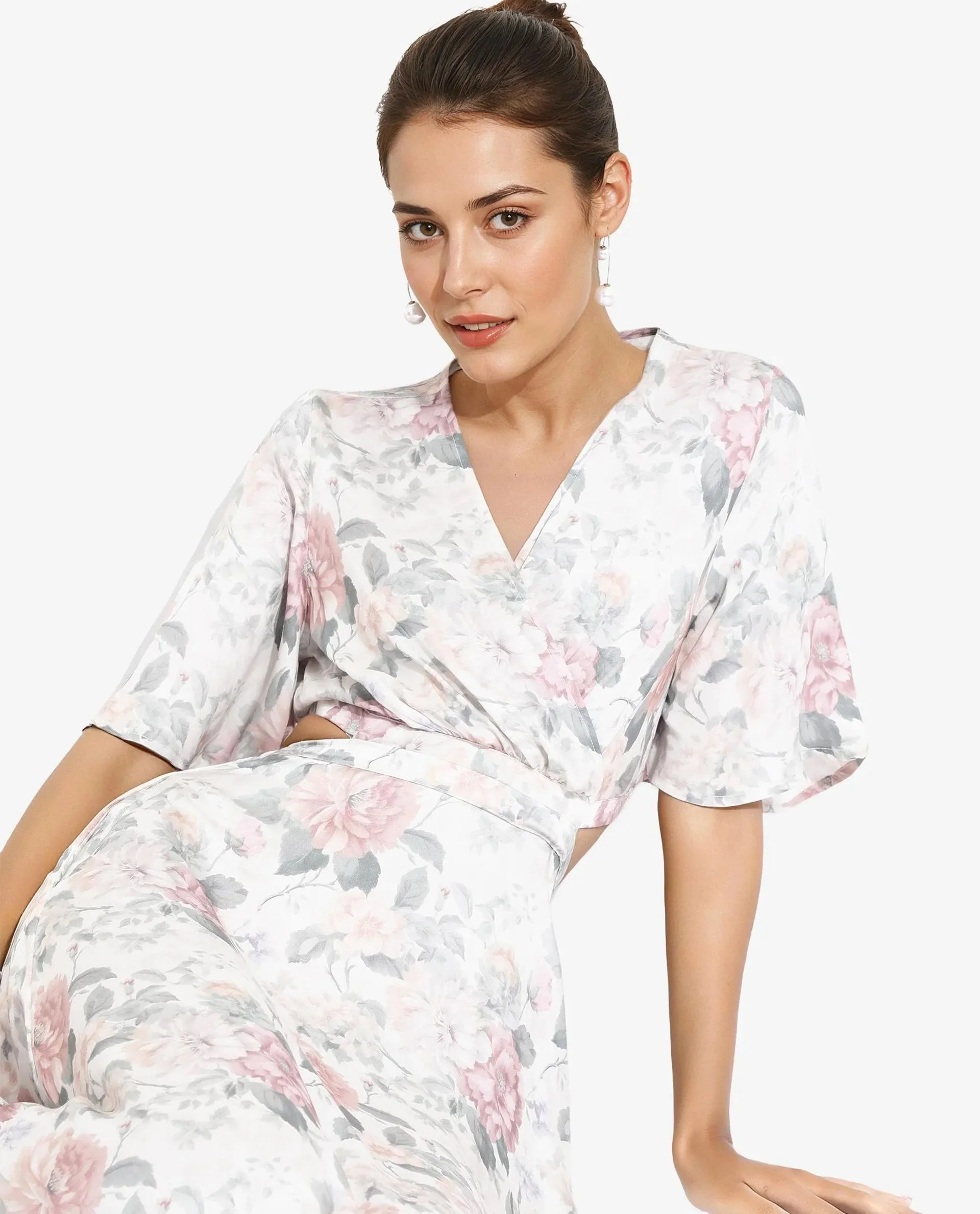 Rareism Women Ravin Multi Short Sleeve Over Lap Neck Fit And Flare Maxi Floral Print Dress