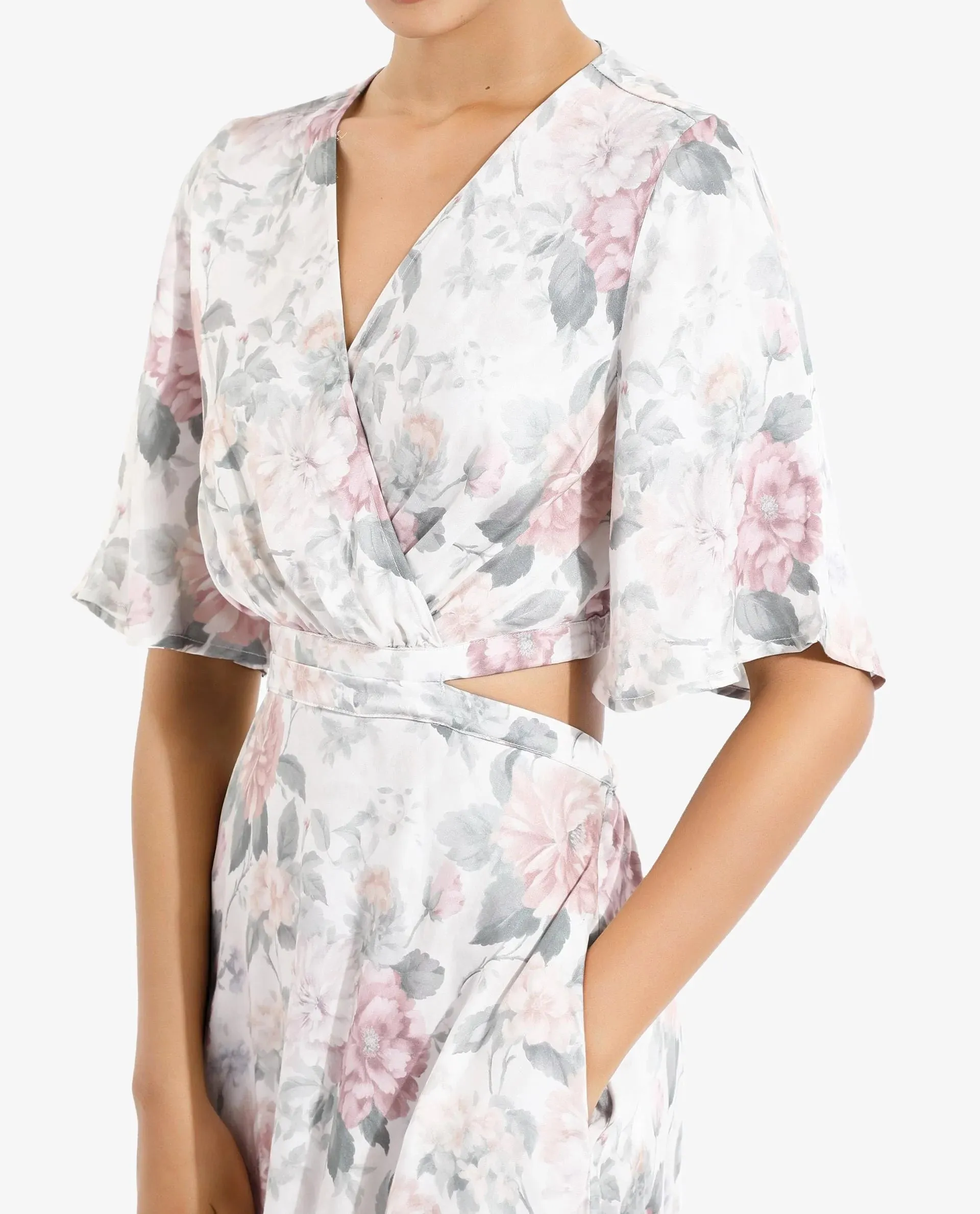 Rareism Women Ravin Multi Short Sleeve Over Lap Neck Fit And Flare Maxi Floral Print Dress