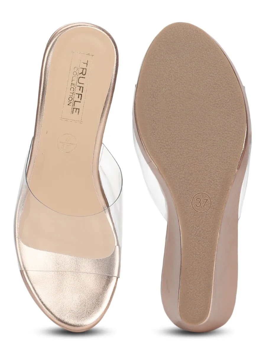 Rosegold Clear Strap Peep Toe Slip On Wedges