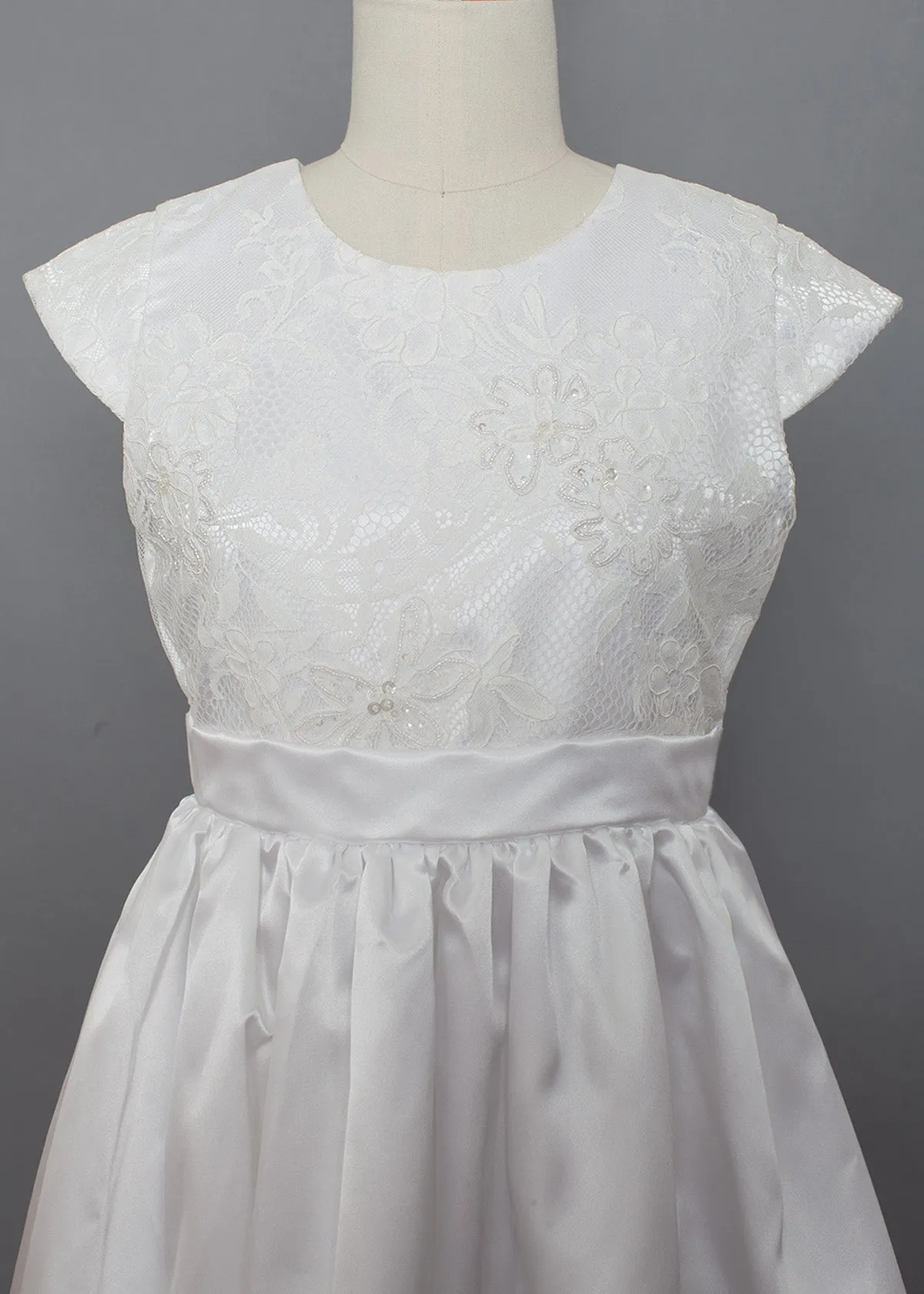 Satin and Lace Bodice Communion Dress w/ Hand Beaded Embellishments