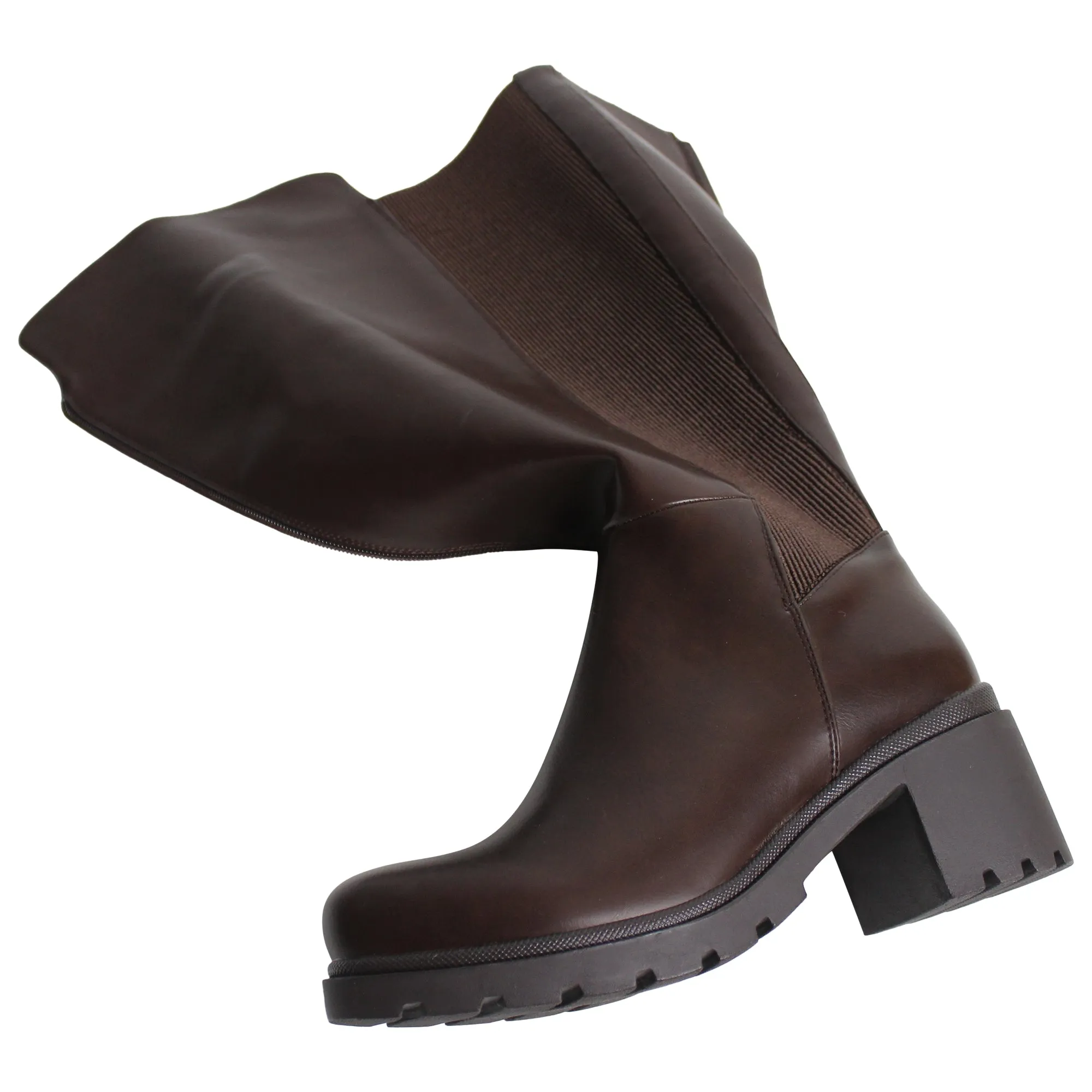 SOBEYO Women's Boots Knee High Chunky Heels Elastics Side Zipper Closure Brown