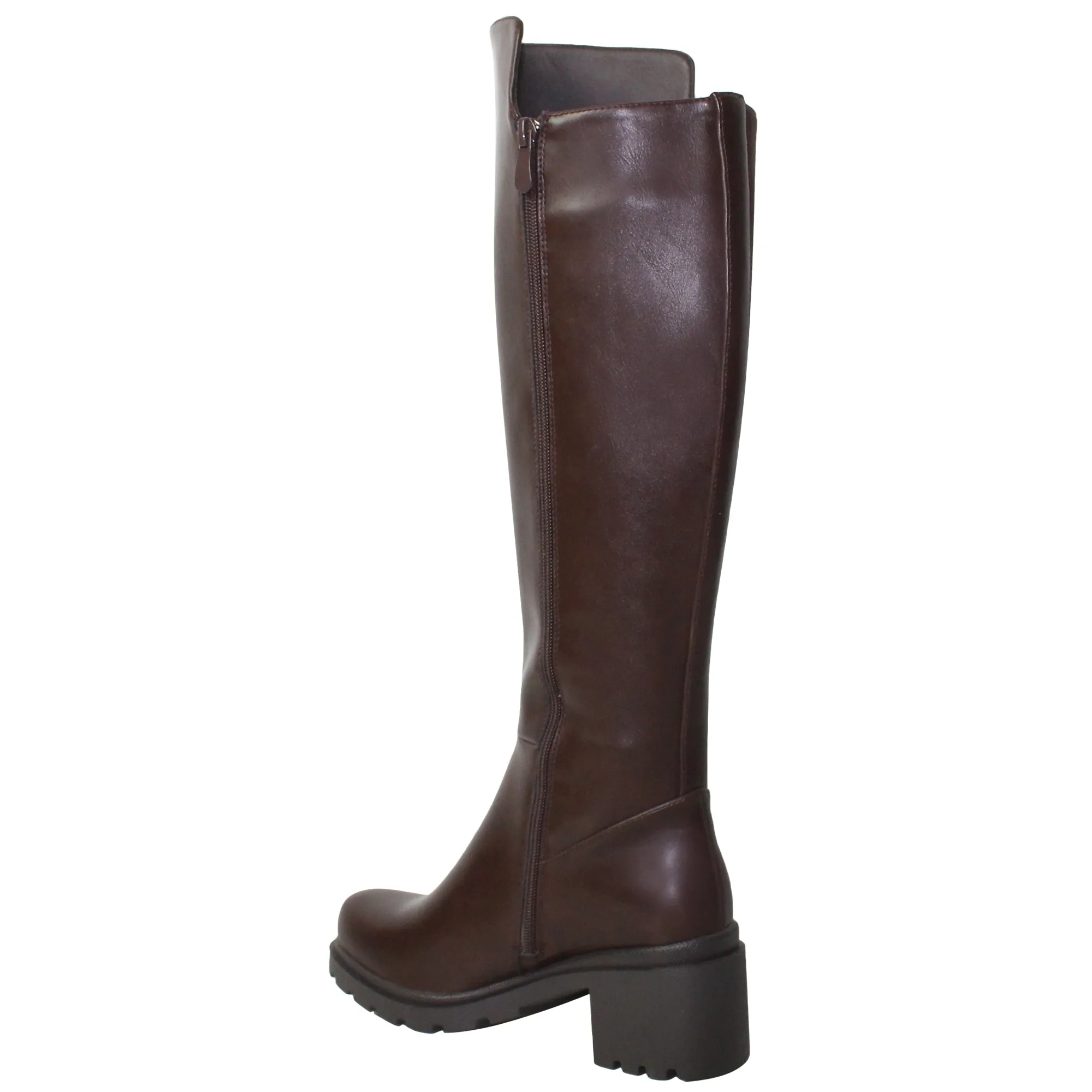 SOBEYO Women's Boots Knee High Chunky Heels Elastics Side Zipper Closure Brown