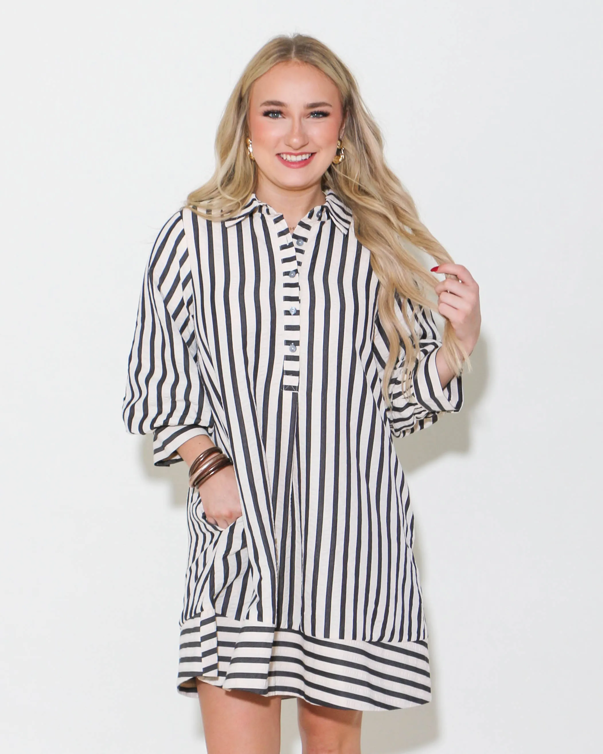 Striped Seersucker Mini Dress Black