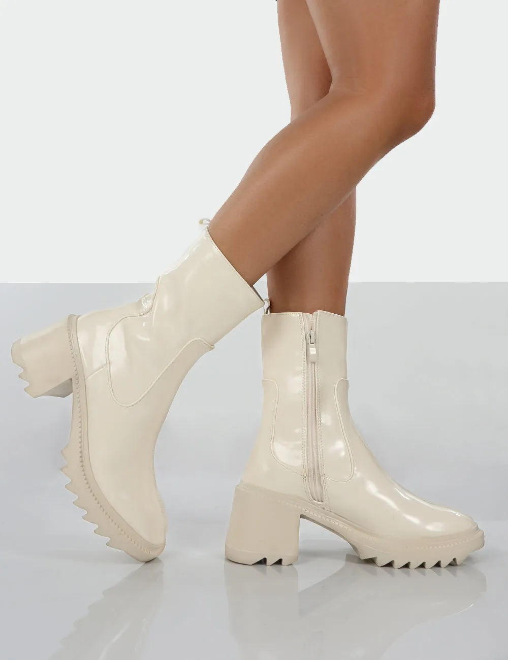 Sway Ecru PU Heeled Wellies Ankle Boots