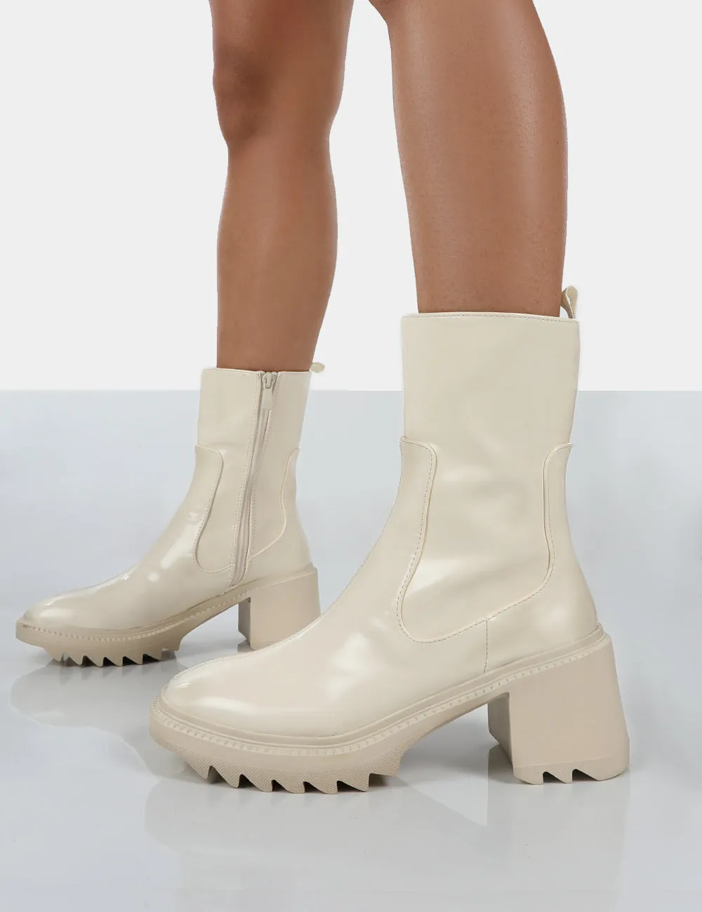 Sway Ecru PU Heeled Wellies Ankle Boots