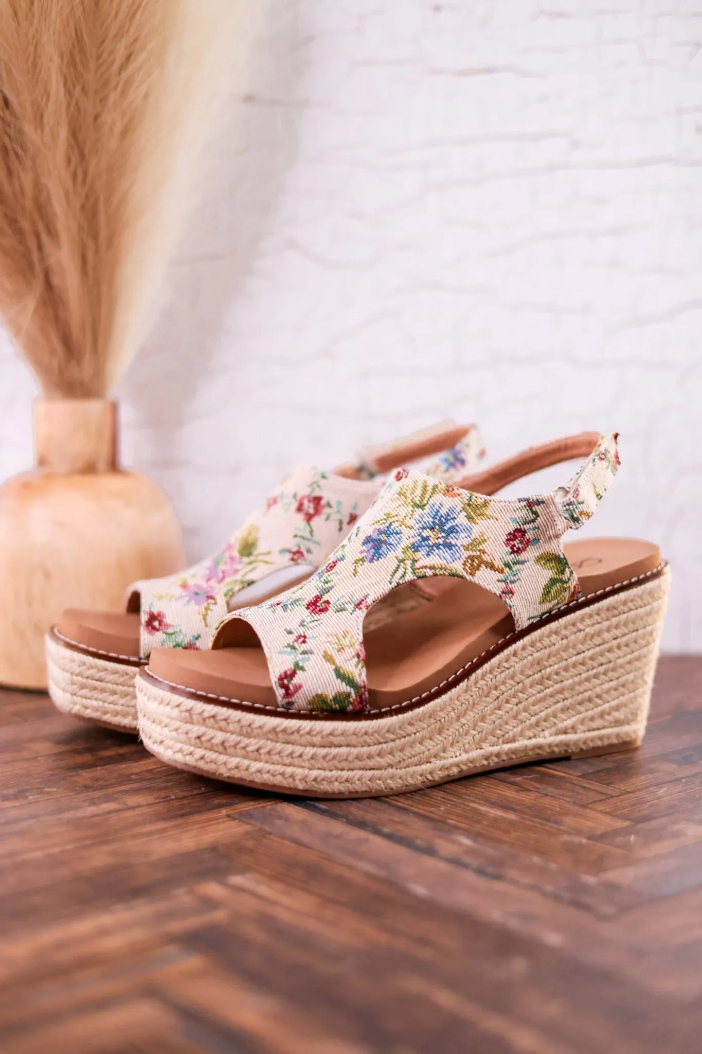 Tan and Floral Brocade Freddie Wedges