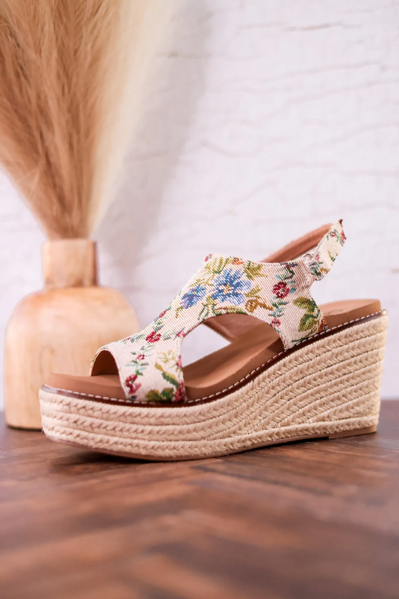 Tan and Floral Brocade Freddie Wedges