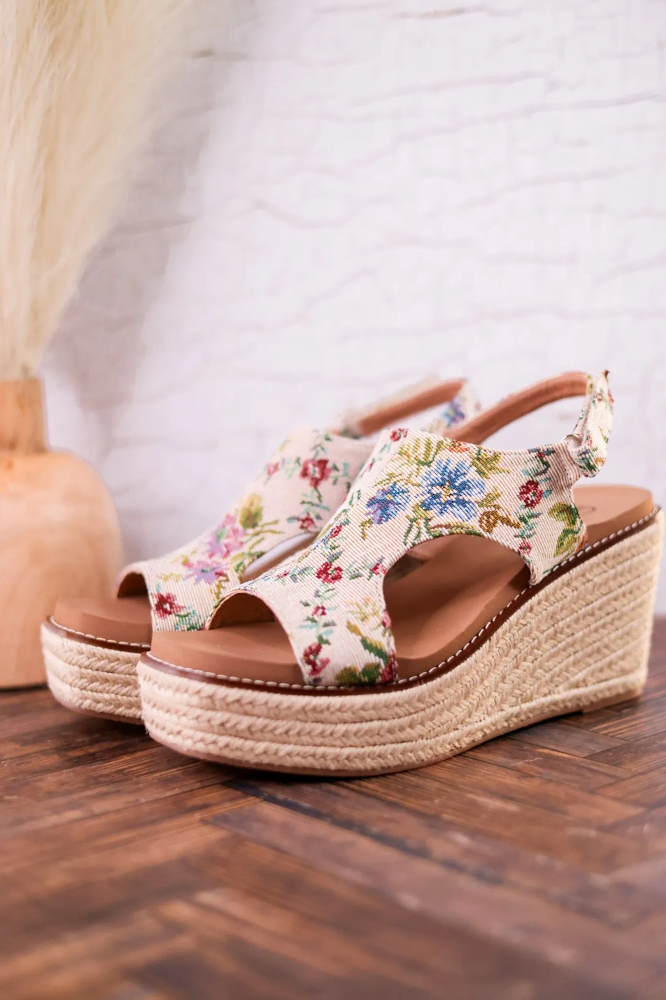 Tan and Floral Brocade Freddie Wedges