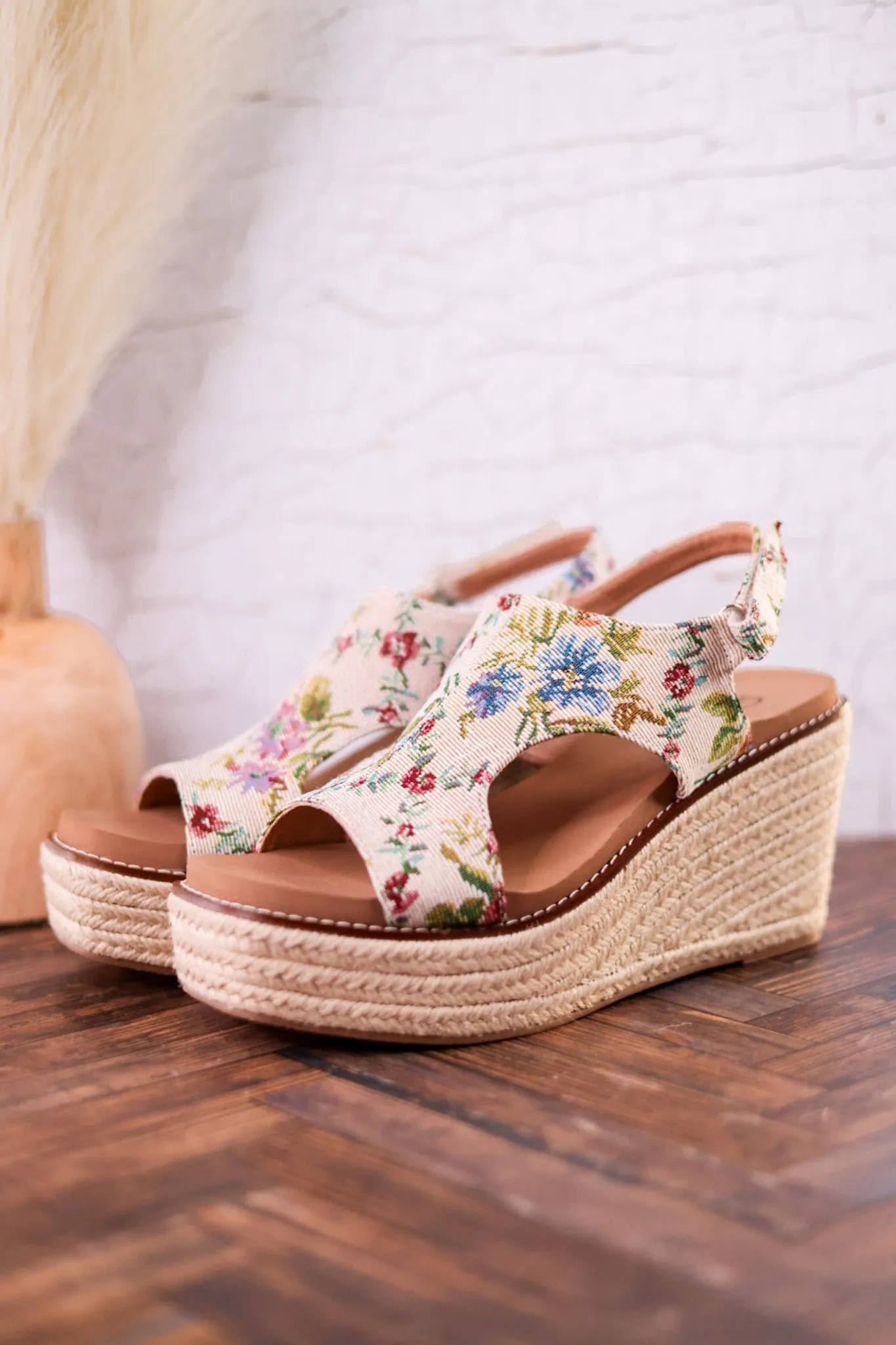 Tan and Floral Brocade Freddie Wedges