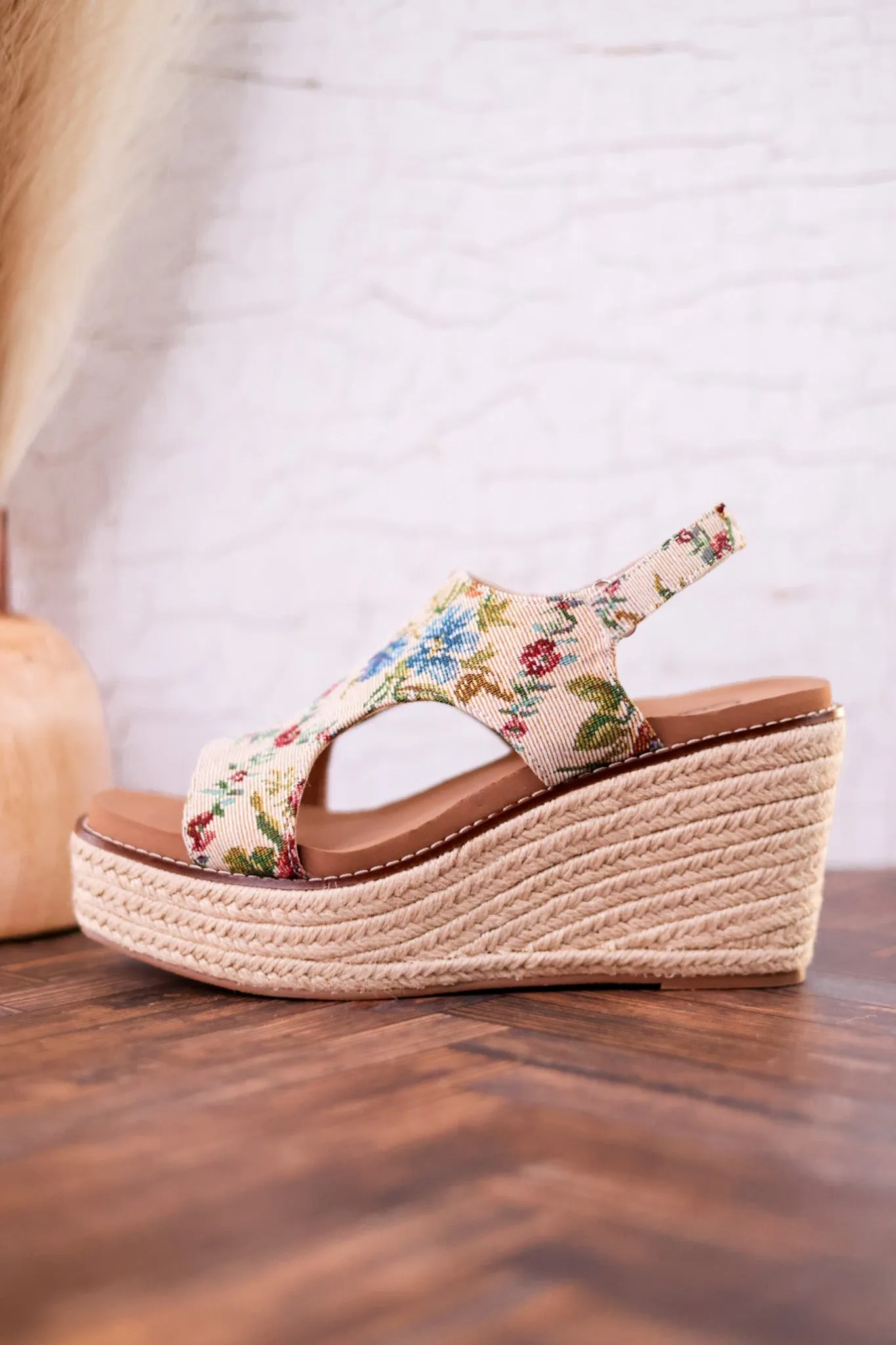 Tan and Floral Brocade Freddie Wedges