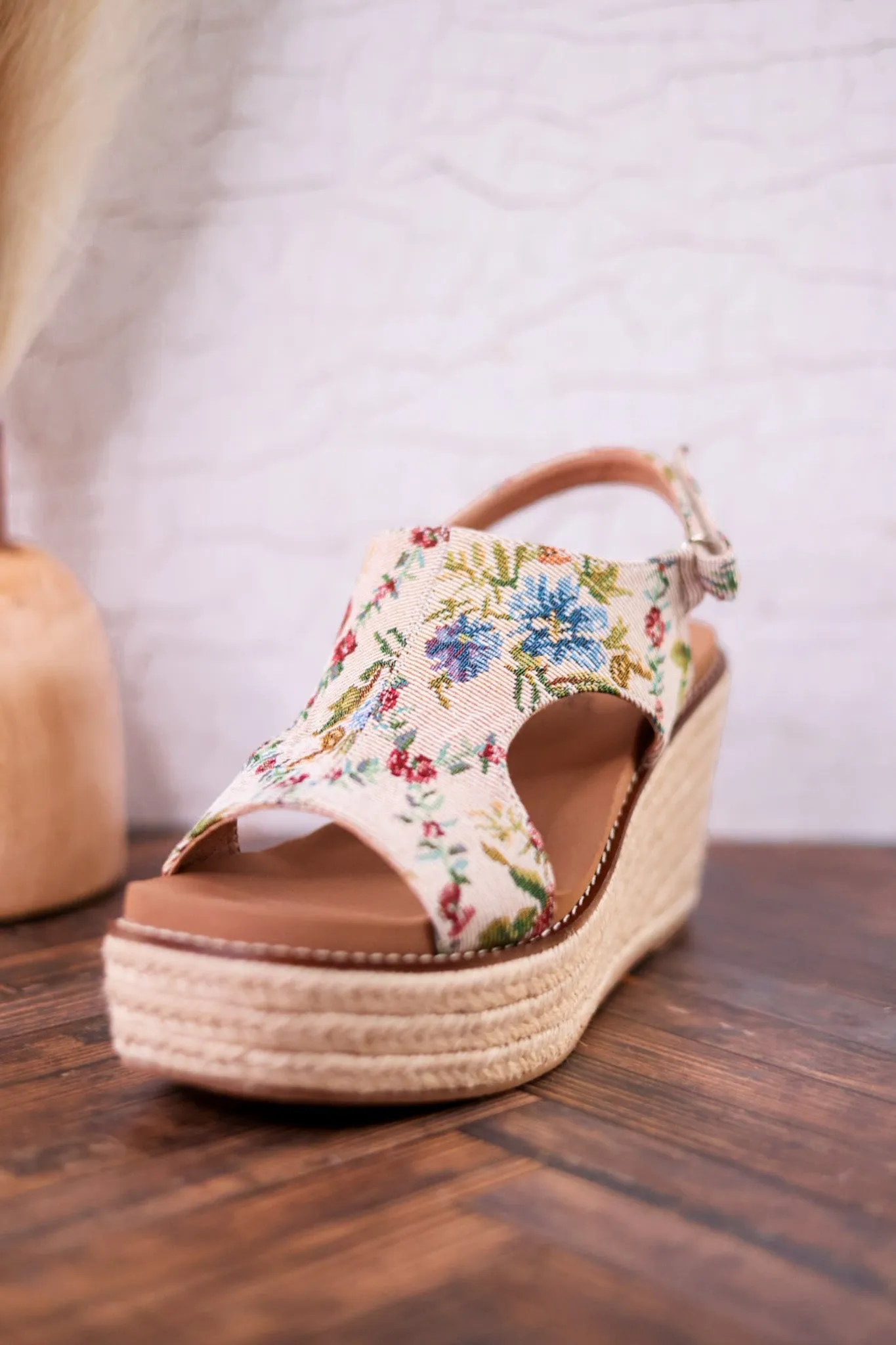 Tan and Floral Brocade Freddie Wedges